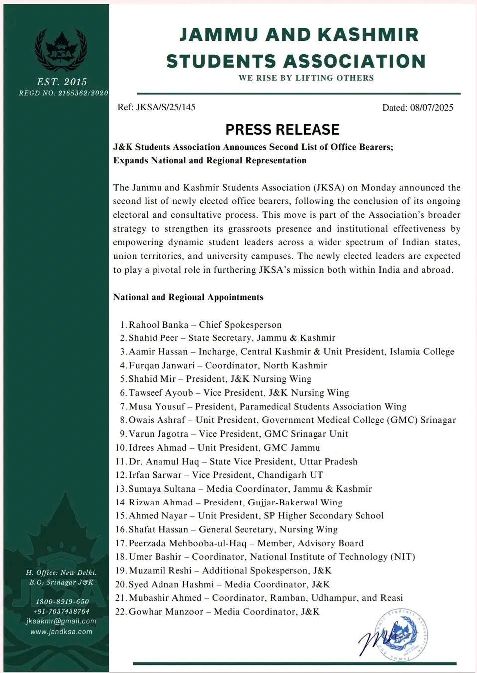 J&K Students Association  list of office bearers